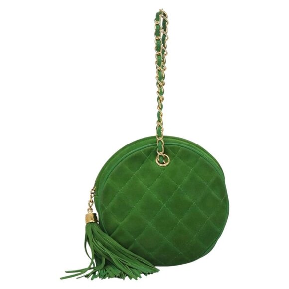 CHANEL Matelasse Chain Hand Bag Suede 2way Green Gold CC Auth 127613 - Picture 1 of 16